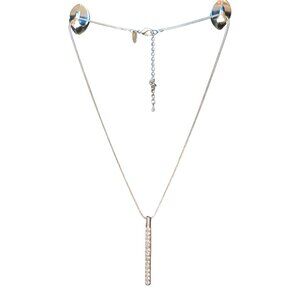 Silver Necklace with a Vertical Tube with White/Clear Rhinestones Pendant Adjust
